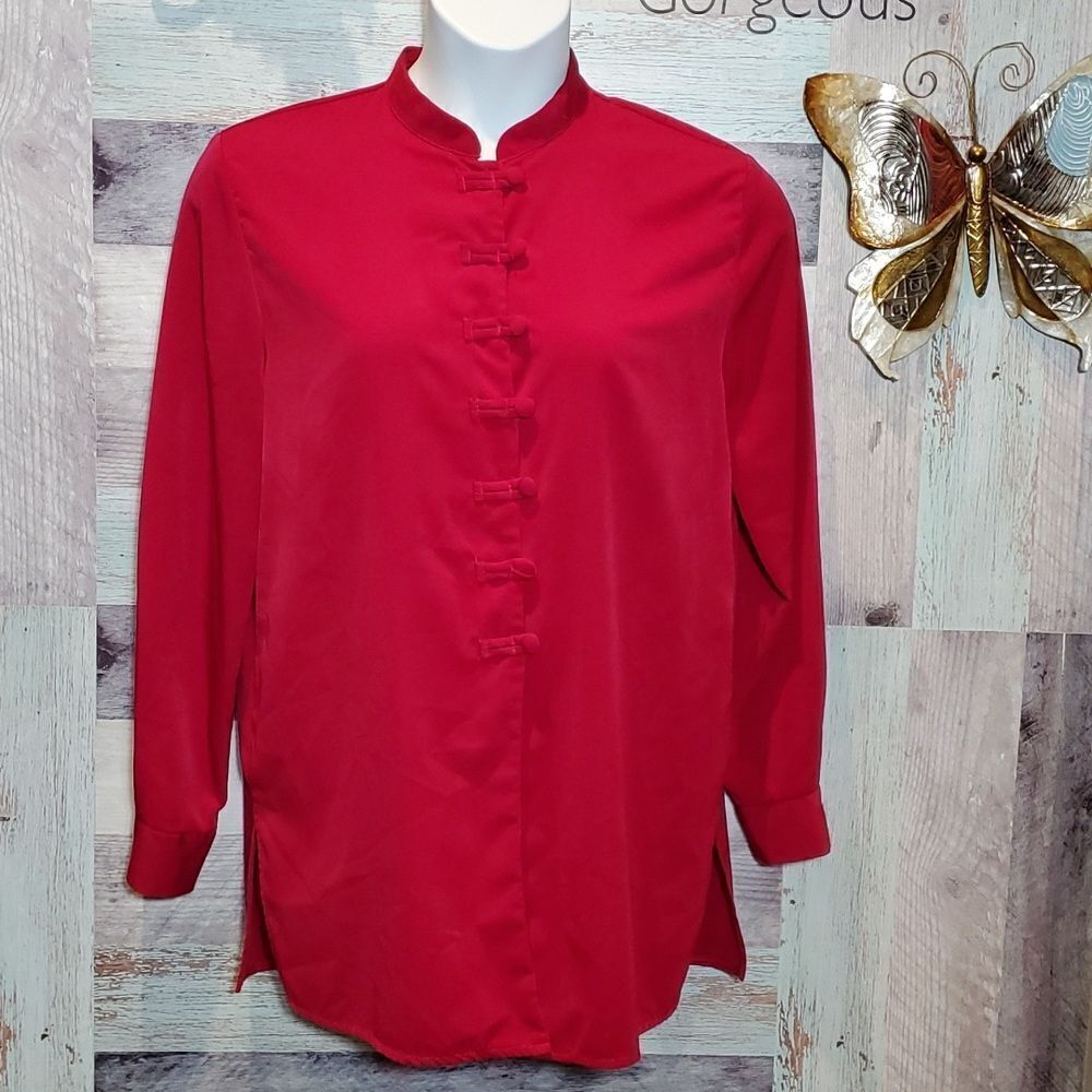 Vintage Sz M Michele Leslie Dark Red Button Front Long Sleeve Blouse Nerdy Geek